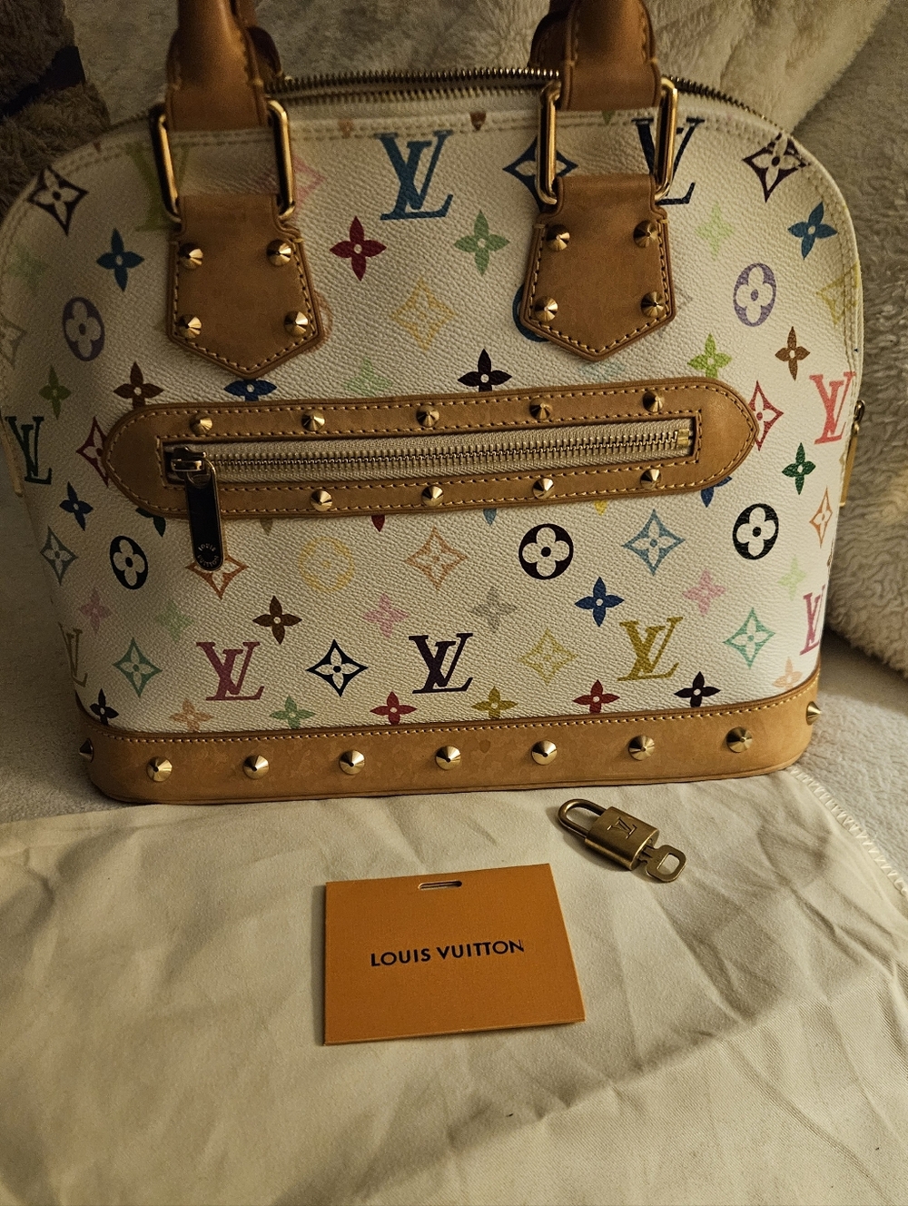 Authentic Louis Vuitton White Multicolor Monogram Alma PM Satchel W/Lock & Key - Picture 10 of 14